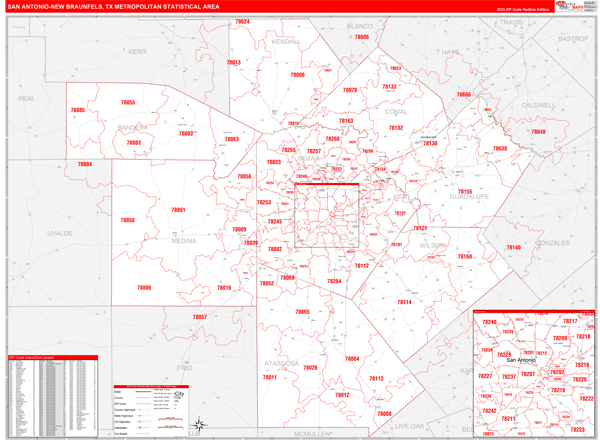 San Antonio-New Braunfels Metro Area Wall Map Red Line Style